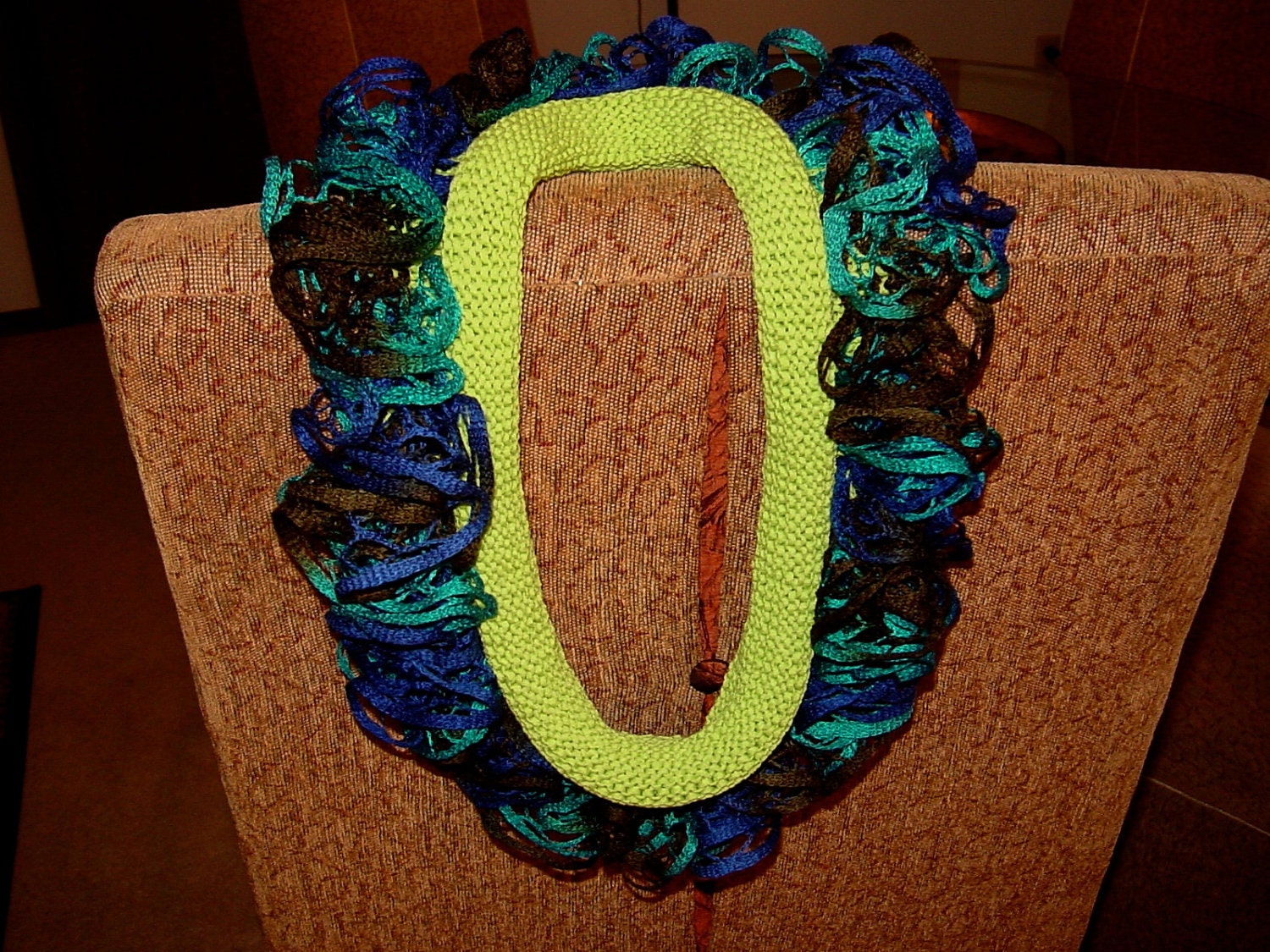 Handmade Knit Neck INFINITY Scarf Accent Cowl Bright Lime Green Blue Lace Ruffle FREE SHIPPING