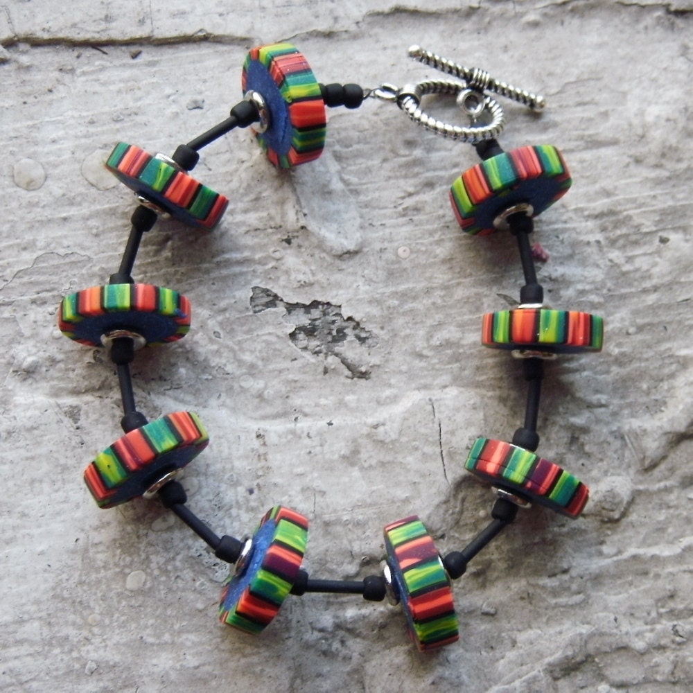 Red and Green Polymer Clay Bead  Bracelet
