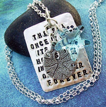The SEA Sterling Silver SCRIPTZ Hand-Stamped Poem Charm Necklace with Starfish and Sanddollar Charm Dangle.. Ready To Ship