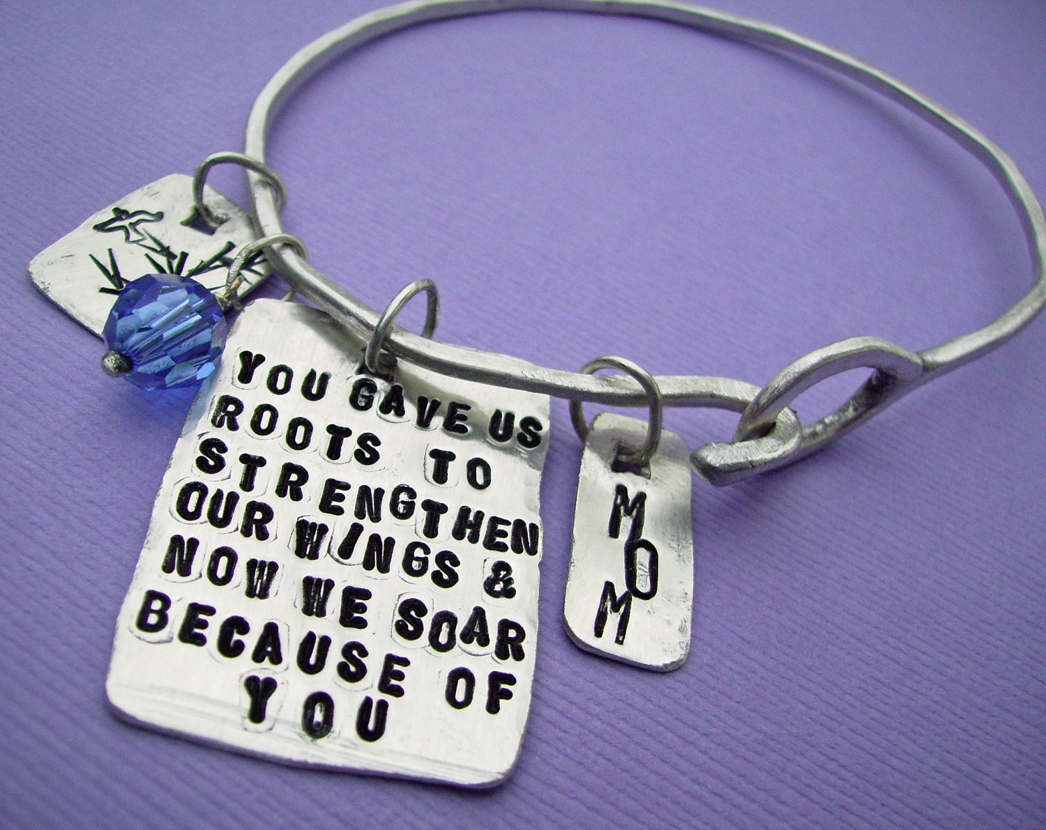 Personalized Bangle Bracelet - YOU GIVE ROOTS Embrace the Charms Bracelet - Hand Stamped custom Sterling Silver