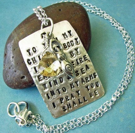 Fertility Goddess Scriptz - Hand Stamped Poem Charm Necklace with Briolette and Goddess Charm Dangle READY TO SHIP