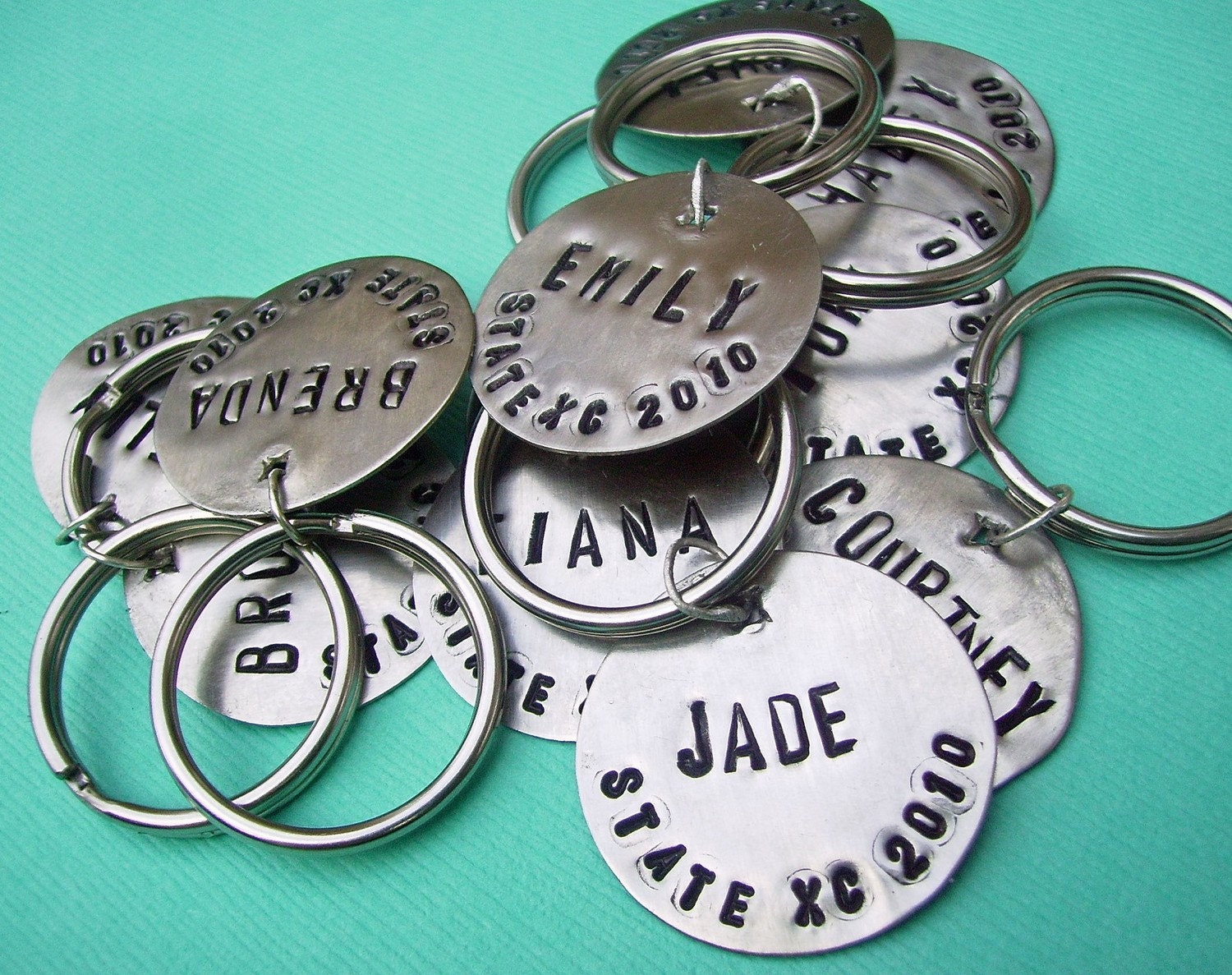 Personalized Hand-Stamped Antique Brass Or Antique Silver Disc Key Chain for Favors, Weddings, Teams or Biz Promotion