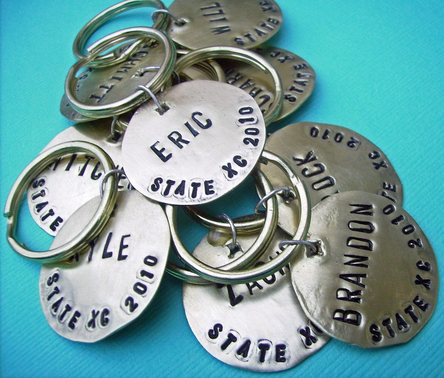 Personalized Hand-Stamped Antique Brass Or Antique Silver Disc Key Chain for Favors, Weddings, Teams or Biz Promotion