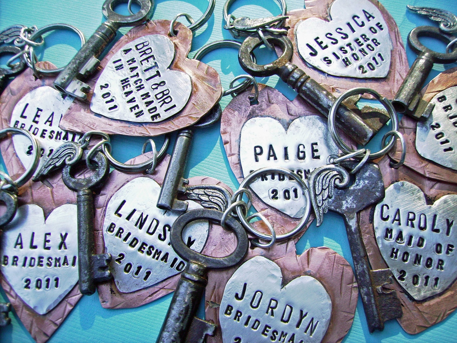 HEARTFELT - Hand Stamped Rustic Antiqued Copper and Sterling Silver Key CHAIN - Custom Personalized Anniversary, Wedding, bridesmaid gift