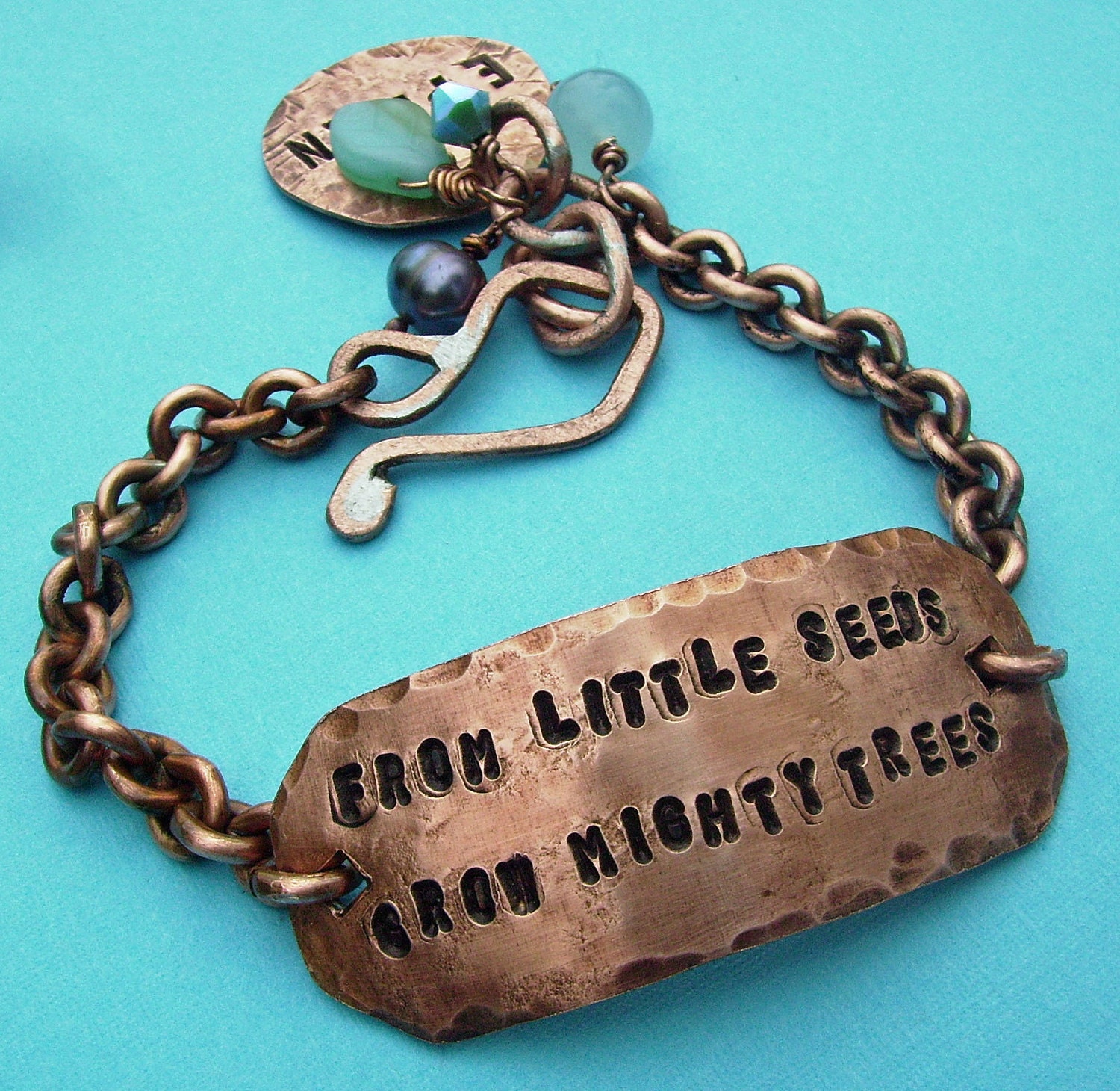 Hand Stamped Custom Personalized Antiqued Copper Id Band Bracelet w disc and beads - You choose Words, Names, Colors