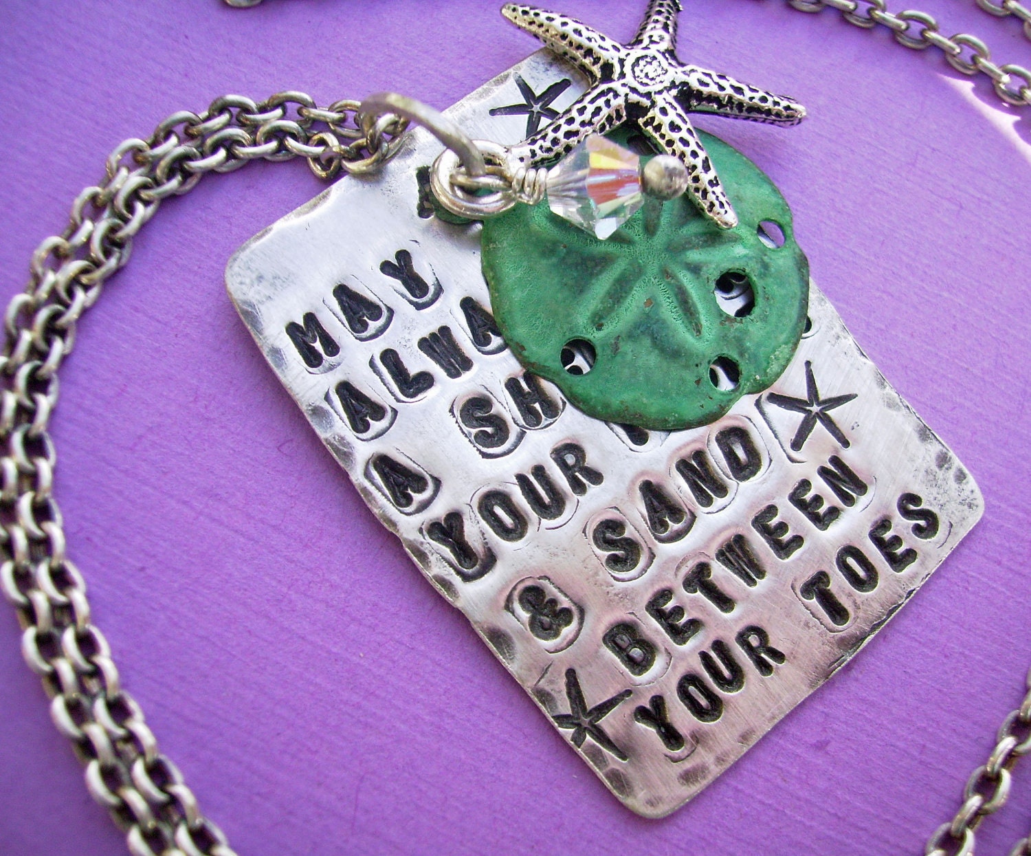 NEW - Beach Sterling Silver SCRIPTZ Hand-Stamped Poem Charm Necklace with Silver Starfish and Patina Sanddollar Charm Dangle.. Ready To Ship