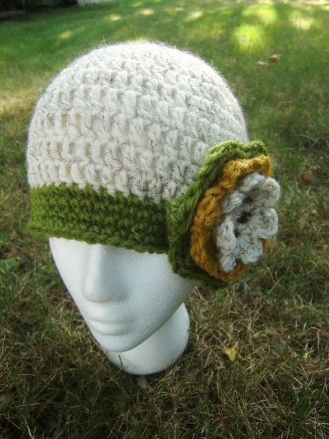 Wheat and Avocado Crochet Hat with Flower
