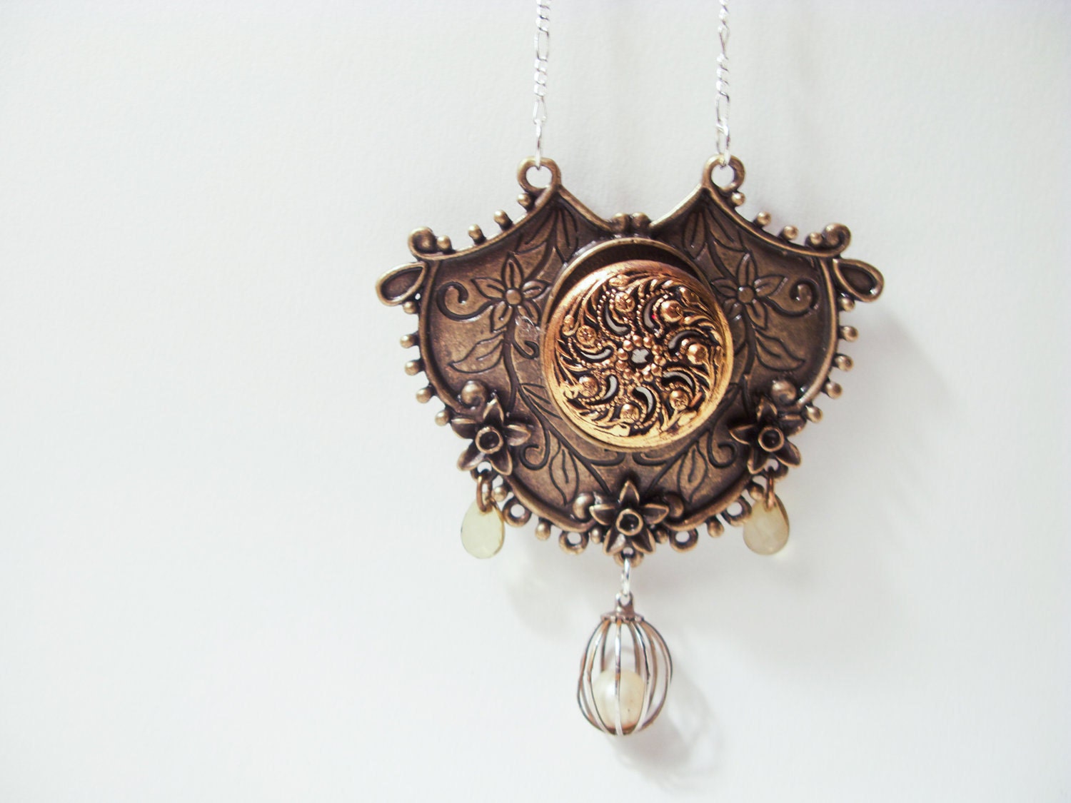 OOAK BOHO VICTORIAN: Ornate Statement Mixed Media Necklace In Brass With Antique Button - ephemeralpillages