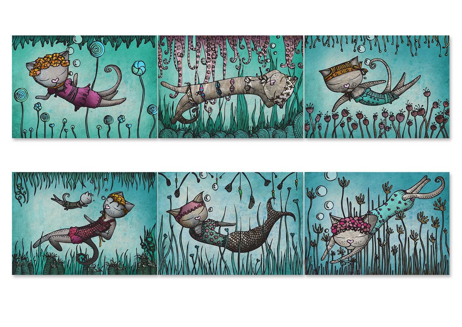 Cat Card Postcards -  6 Mini Print Set - Underwater Feline Fatale