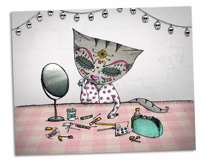 Halloween Cat Day of the Dead (Dia de Los Muertos) - Giclee Fine Art Print  8 x 10 in