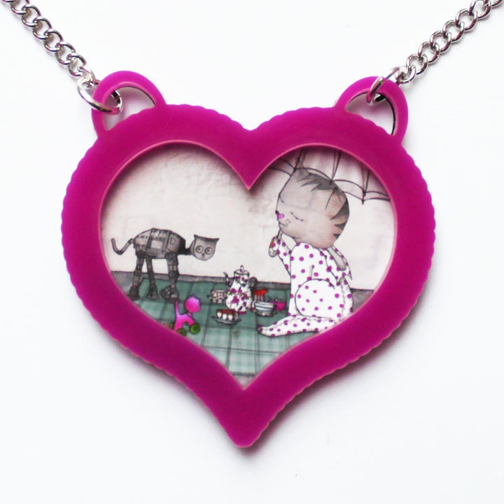 CAT NECKLACE - heart cameo -SALE- Pink Acrylic - Valentines Gift sweetheart - heart jewely - Star wars at-at Cat-at