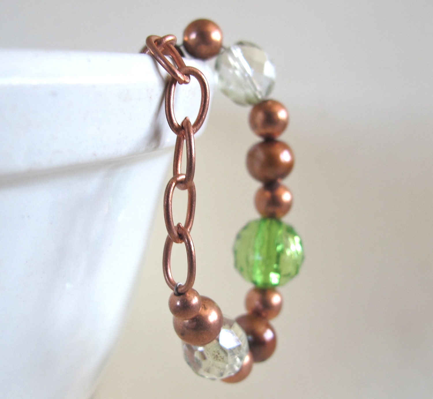 Copper Necklace, Pearl Necklace, Glass Necklace, Beaded Necklace, Brown Pearls, Green Glass, Green Acrylic, Copper Jewelry