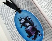 Art Bookmark -Spooky Cat Tale- Glossy, laminated oval image with black ribbon tail