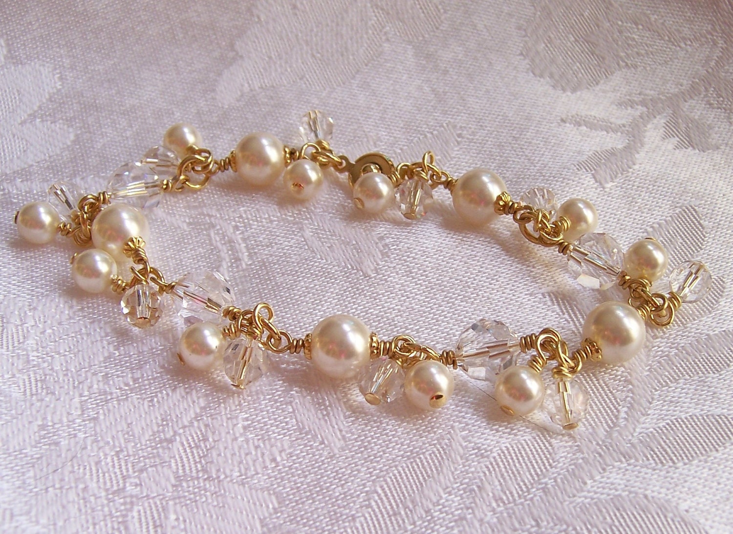 Bridal Pearl and Crystal Bauble Bracelet in Gold