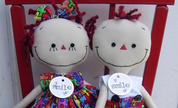 Autism Awareness handmade cloth dolls Boy and Girl Pair