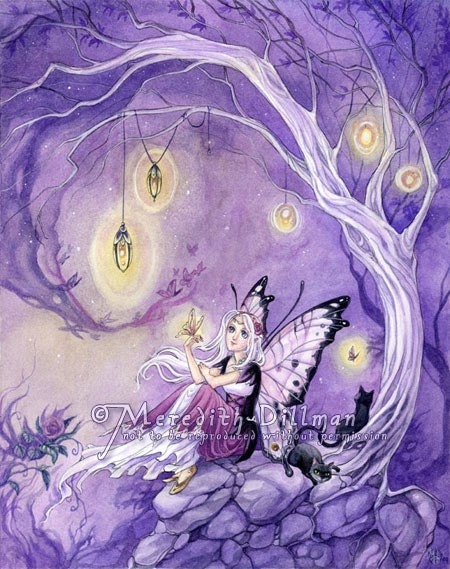 Purple Fairy cats & butterflies art print 13x19 Giclee - Chasing Butterflies