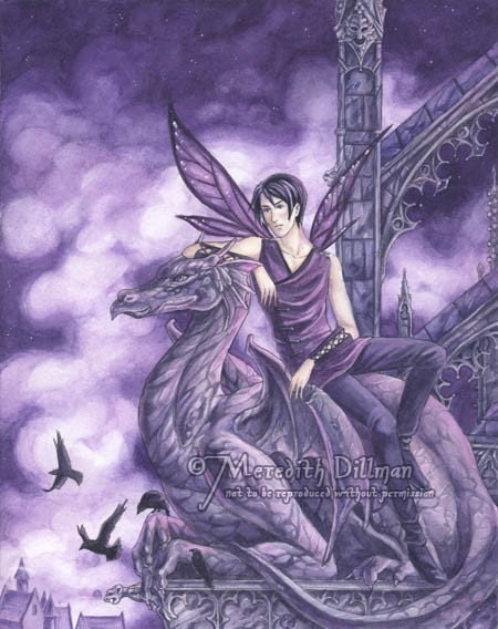 Gothic Fairy & Dragon Gargoyle purple art print - 8x10 Darkwings III