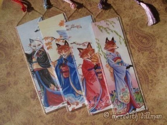 Foxes bookmark set with seasonal kimono kitsune by Meredith Dillman