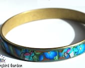 Hummingbird Garden Brass Bangle Bracelet Polymer Clay Blue Flowers - saracom