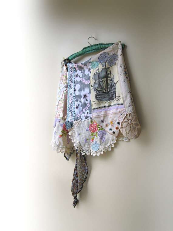 Sail Away Skirt, Vintage Ship, Embroidery, Lace, Wrap, Bohemian Gypsy, Rustic