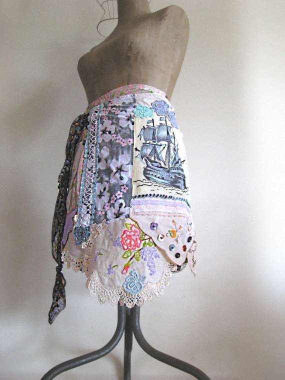 Sail Away Skirt, Vintage Ship, Embroidery, Lace, Wrap, Bohemian Gypsy, Rustic