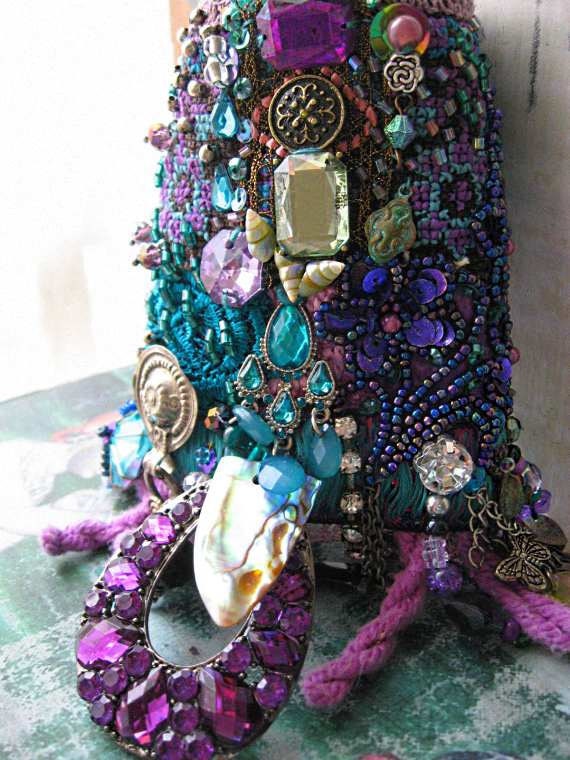 Cool Mystique Gypsy Jangle Bracelet, Heavily Beaded, Jeweled, Purple, Blue, Green, Black, Silver, Bohemian