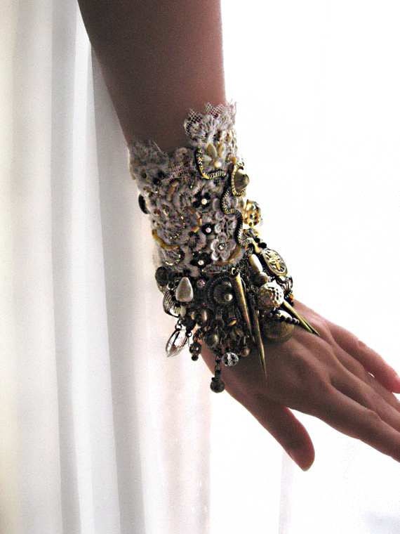 RESERVED for LG - First Payment - Serpent Gypsy Jangle Bracelet, Antique Whites, Old Gold, Heavily Beaded, Texture, Bohemian