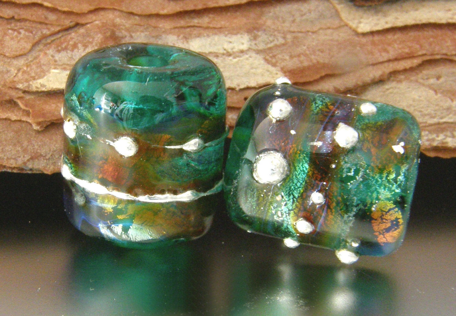 KILLERBEEDZ1 - Silvered Teal Doublets - 2 Barrel Lampwork Bead Set