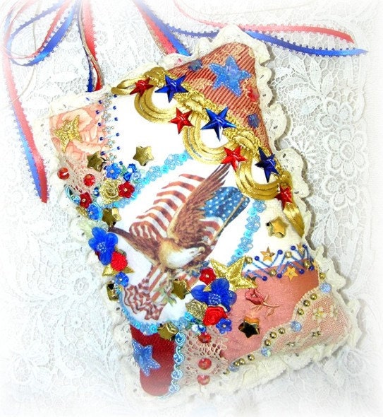 American Flag Pillow for Hanging Crazy Quilt 4th Of July Bald Eagle