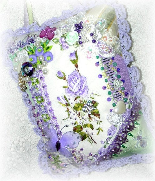 Purple Rose Pillow Hanging Crazy Quilt Ornament