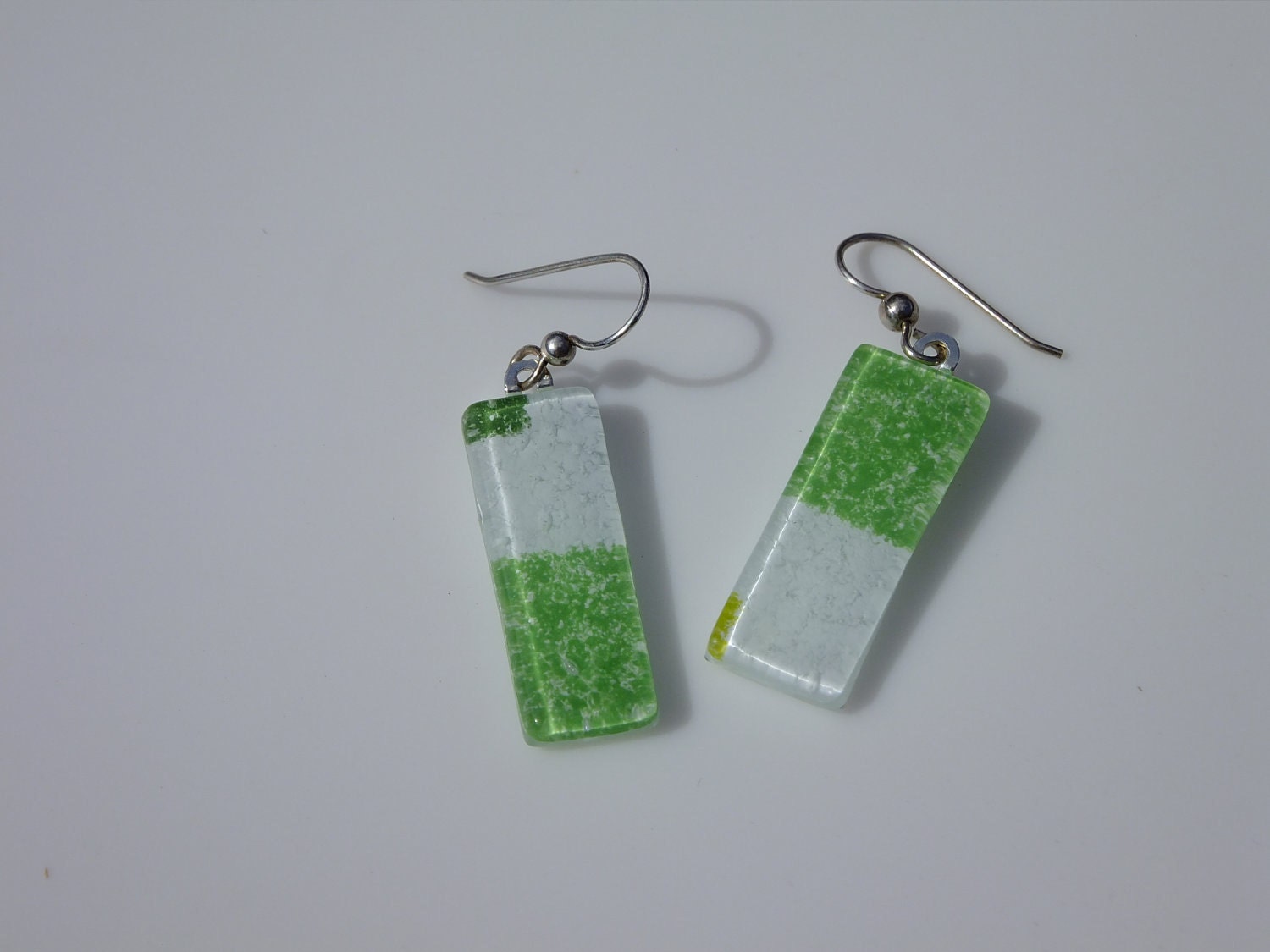 Birthday Present, Handmade Glass Dangle Earrings Green and White Glass  FREE SHIPPING (to USA)