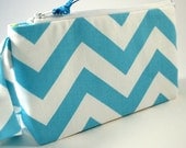 Large Wristlet  Zipper Pouch in Girly Blue Chevron