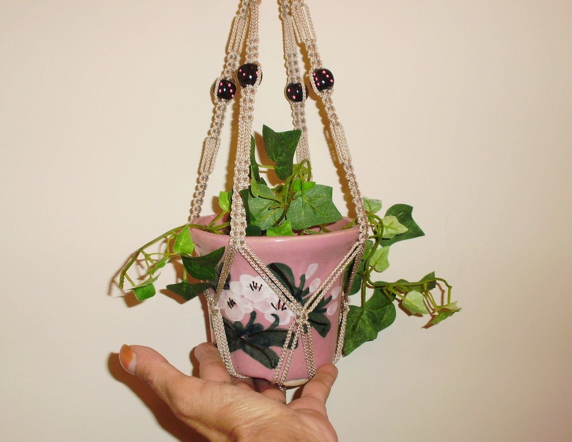 Lucky Small Macrame Plant Hanger BLACK and PINK DICE Beads