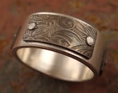 Silver Ring with Sunflower Patterned Titanium Panels