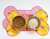 Large Oilcloth Doggie Dish Mat -- Reversible Yellow Hibiscus and Red Gingham --- IN STOCK