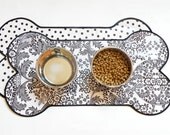 Regular Oilcloth Doggie Dish Mat -- Reversible Black Lace and Polka Dot --- IN STOCK