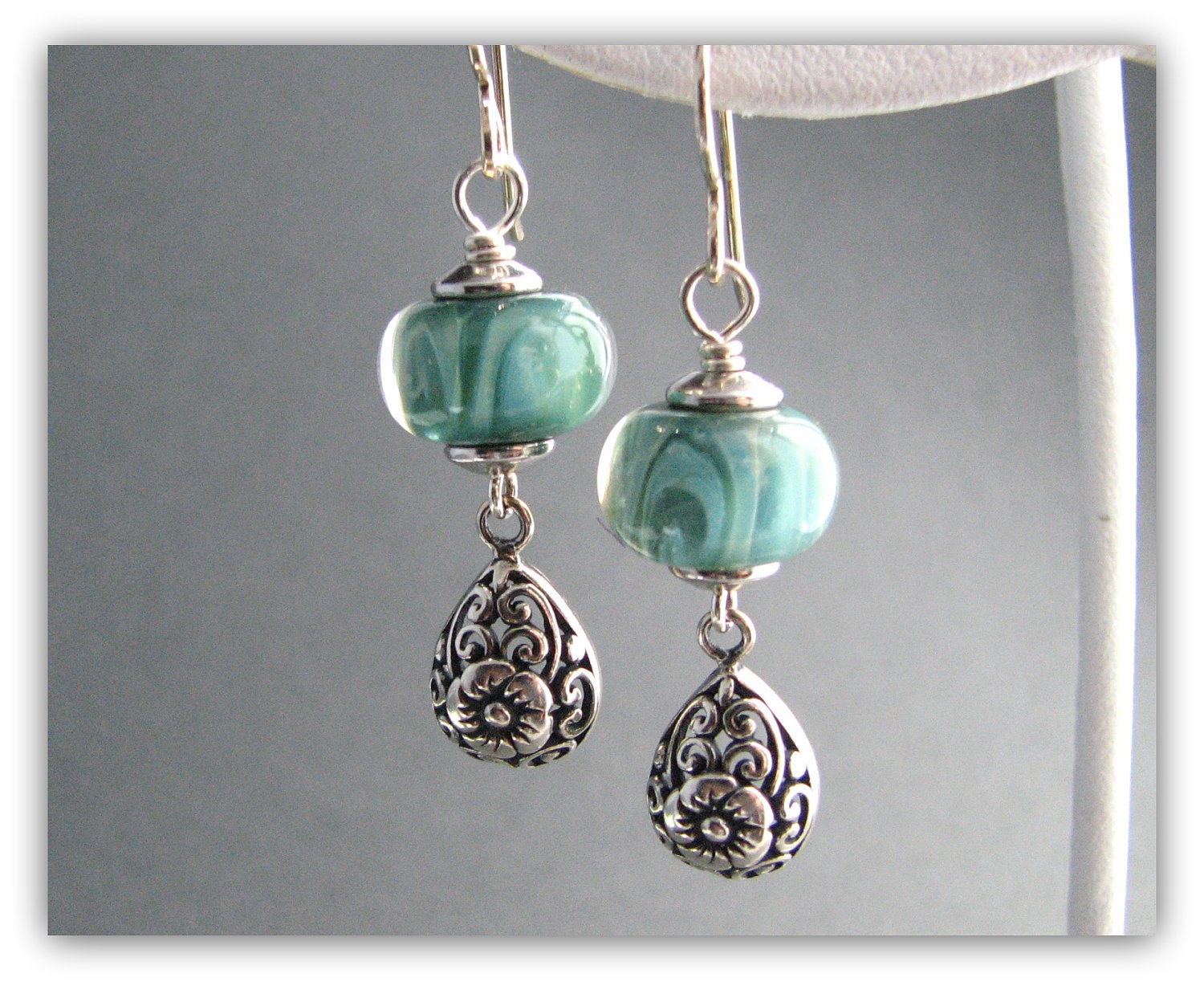 Turquoise Green and Bali Sterling Silver Dangle Earrings