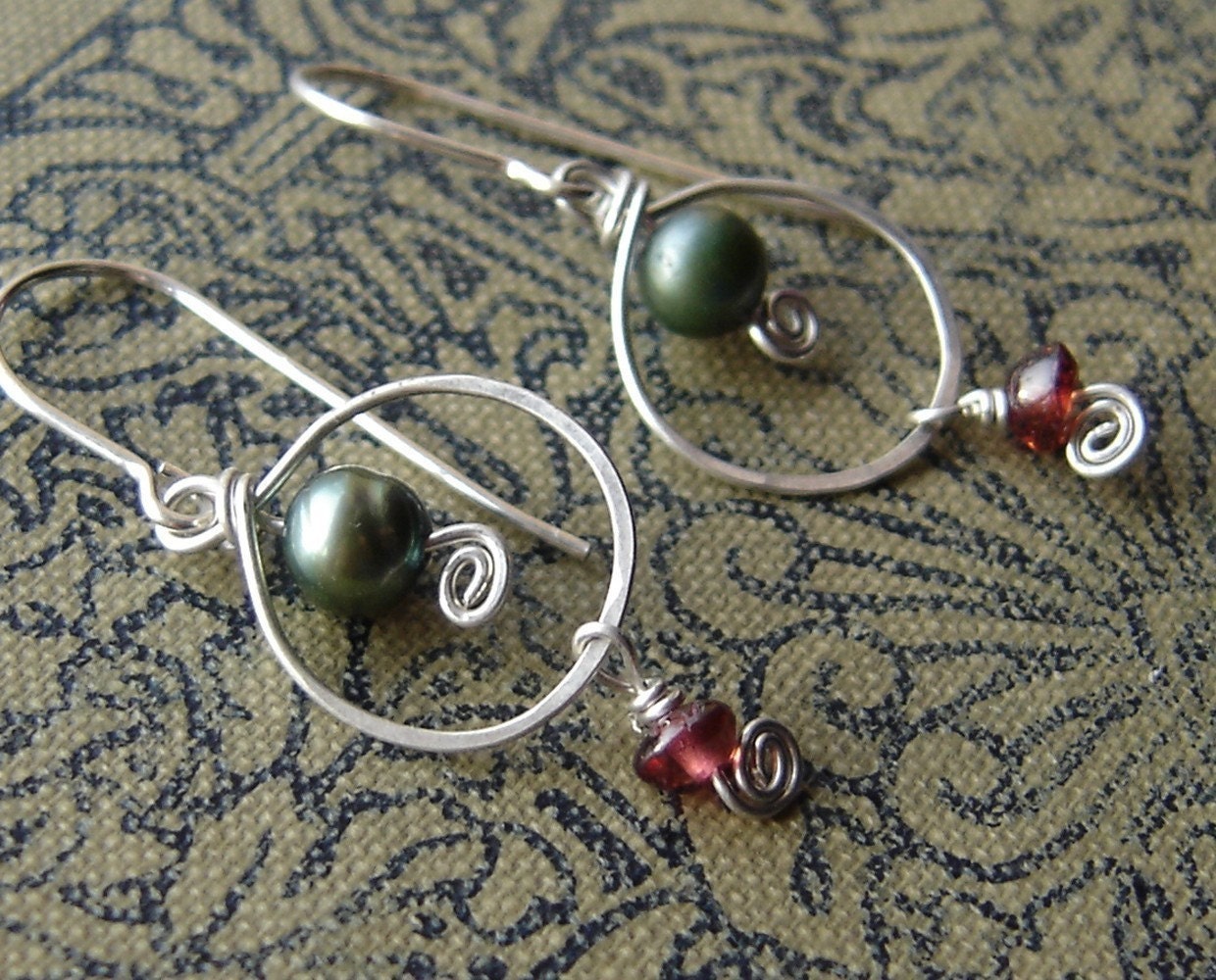 Green Pearl with Garnet Dangle Sterling Silver Earrings- Silver Wire Hoop Dangle