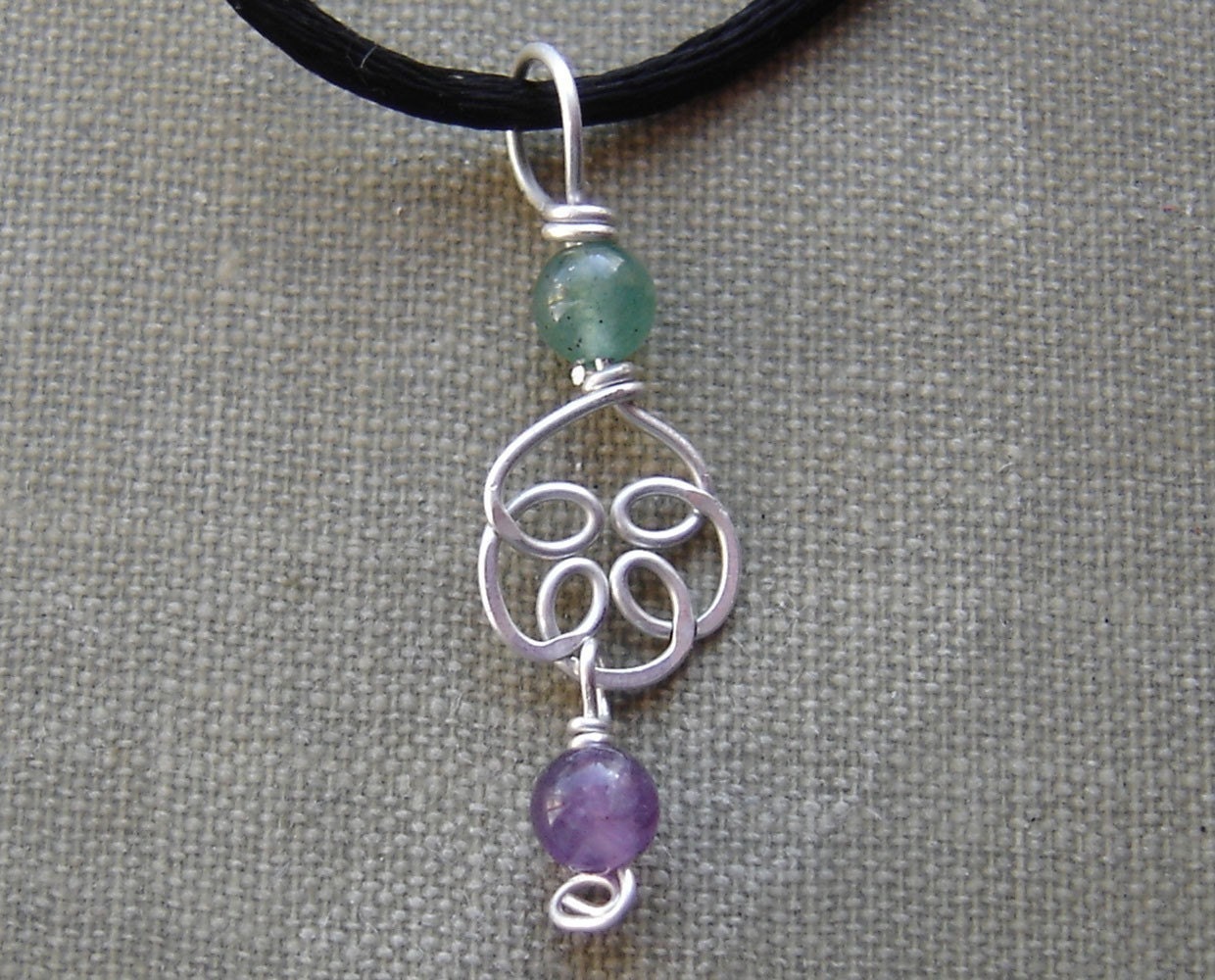 Sterling Silver Celtic Knot Pendant Necklace-  Amethyst and Aventurine Stone Beads Swirls Flower- Celtic Jewelry