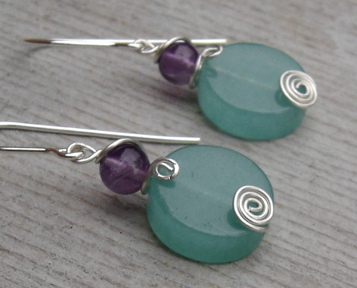 Stone Silver Earrings - Green Aventurine and Amethyst Spiral Swirl - Dangle Earrings -Stone Jewelry