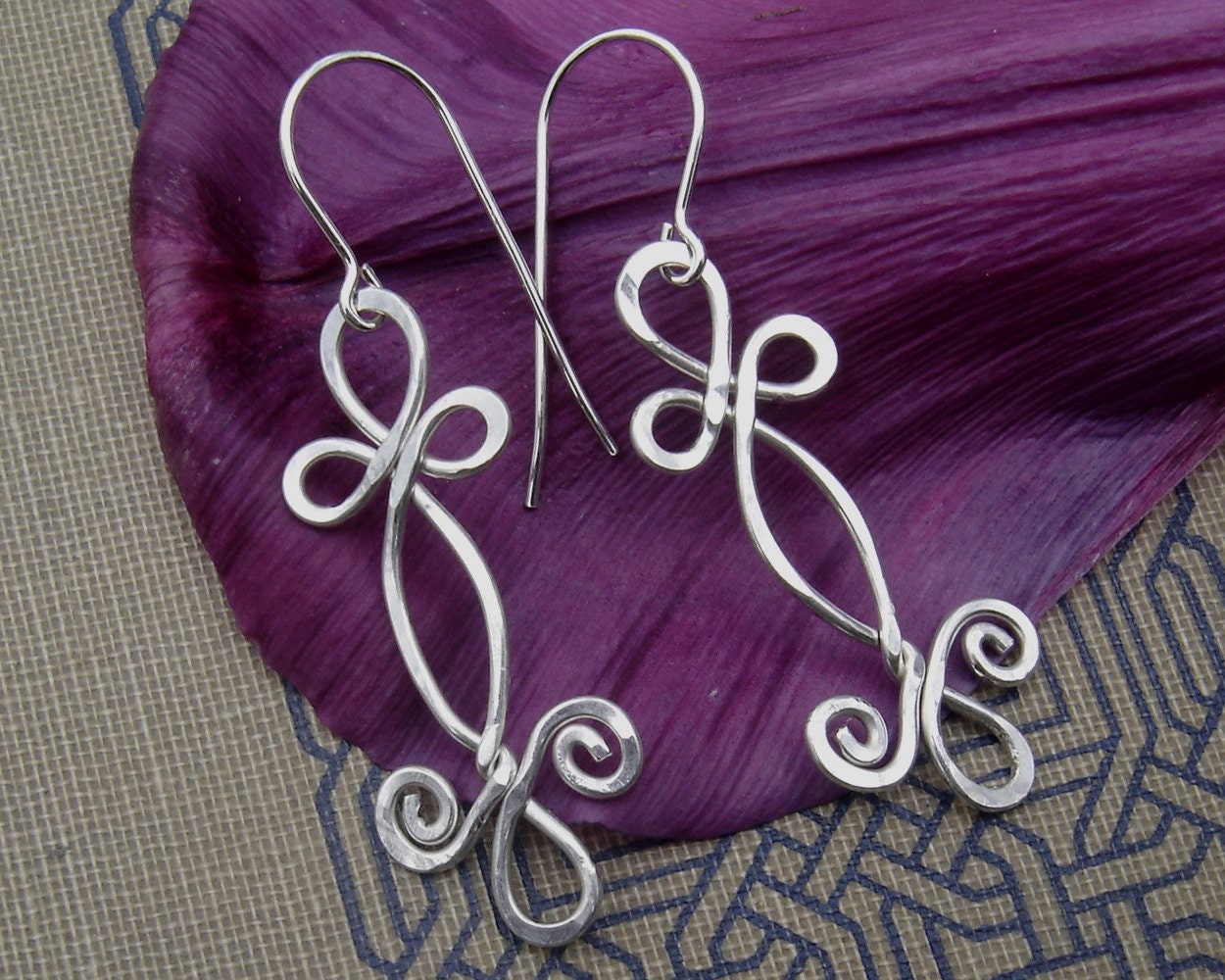 Celtic Sterling Silver Wire Dangle Earrings - Double Swirl Shamrock Whirl - Celtic Jewelry