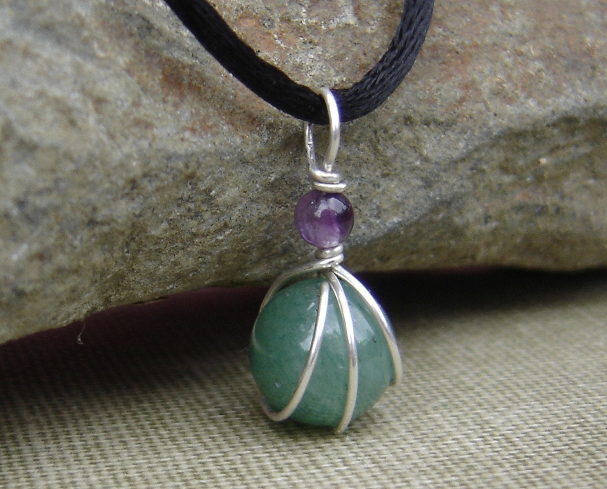 Green Aventurine and Amethyst Little Wirewrapped Pendant- Green Stone Necklace- Stone Jewelry