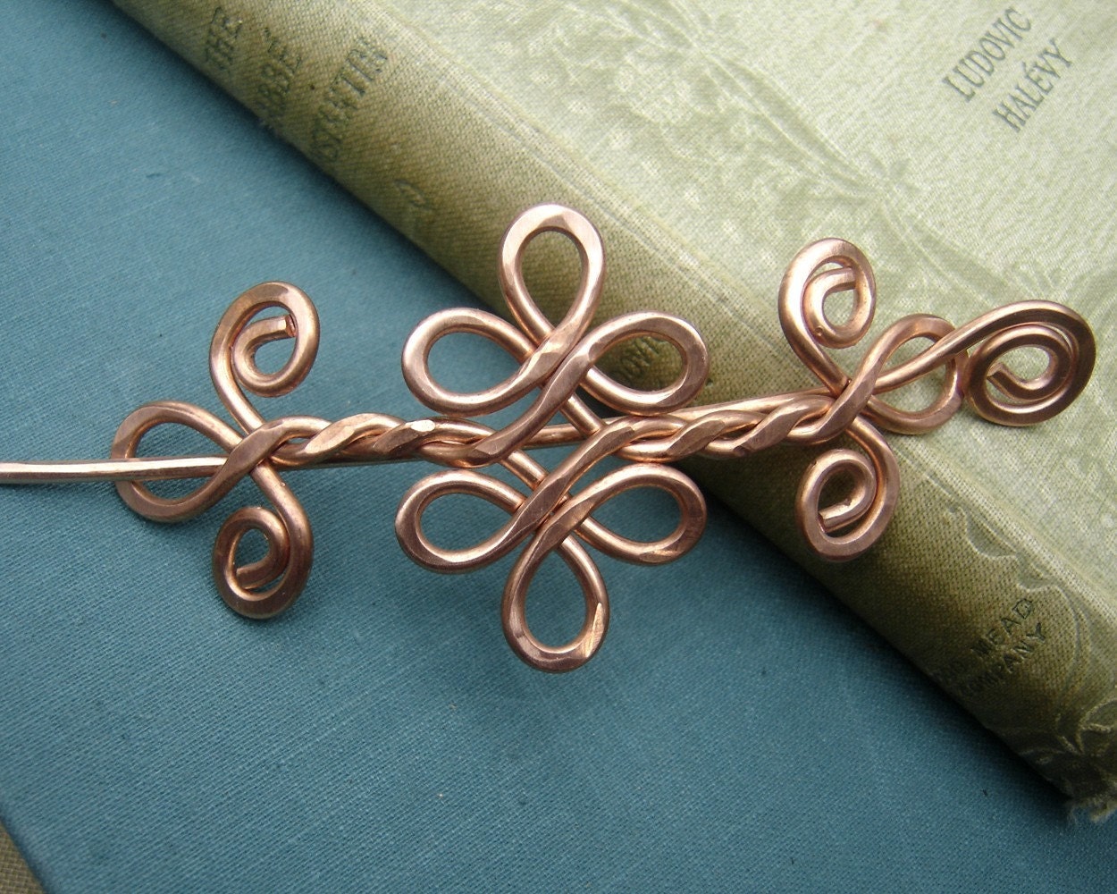 Celtic Knot Double Swirls and Curls Copper Shawl Pin, Hair Pin, Scarf Pin, Sweater Brooch, Barrette, Hair Clip - Hair Accessory