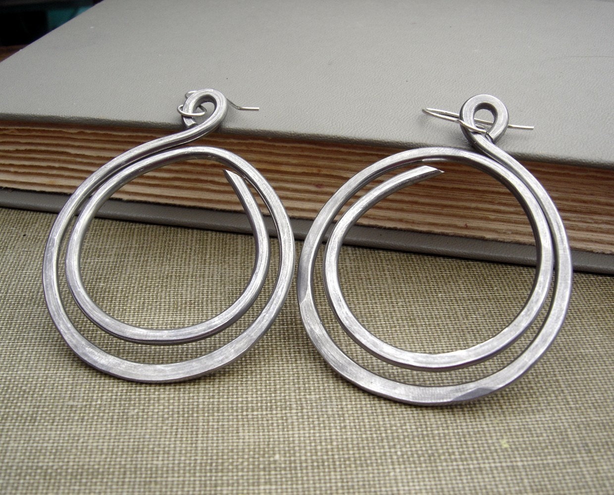 Very Big Hoop Earrings - Double Hoop Loop Light Weight Aluminum Wire -Hammered Hoops - Handmade