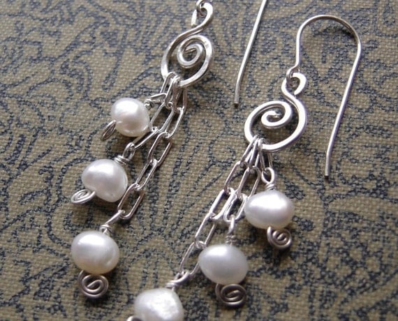Long Pearls And Swirls Sterling Silver Dangle Earrings
