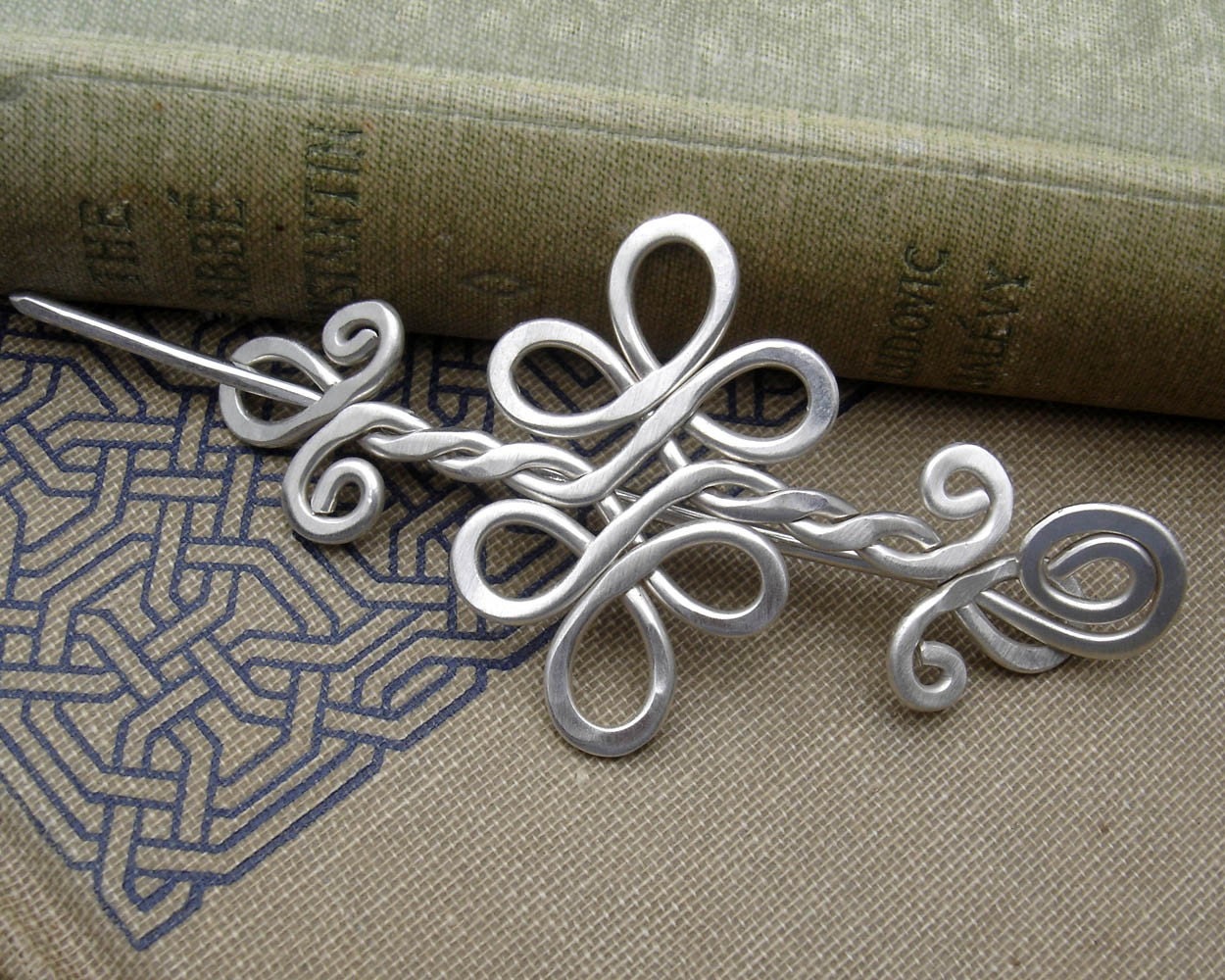Celtic Sterling Silver Shawl Pin, Scarf Pin, Hair Pin, Sweater Brooch - Double Swirls and Curls - Celtic Accessory