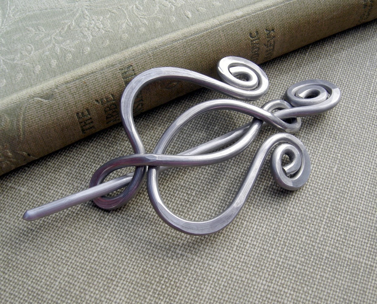 Unfurling Tulip Flower Lyre Aluminum Shawl Pin, Scarf Pin, Fastener, Sweater Brooch - Hammered Metal - Women, Knitting Accessories