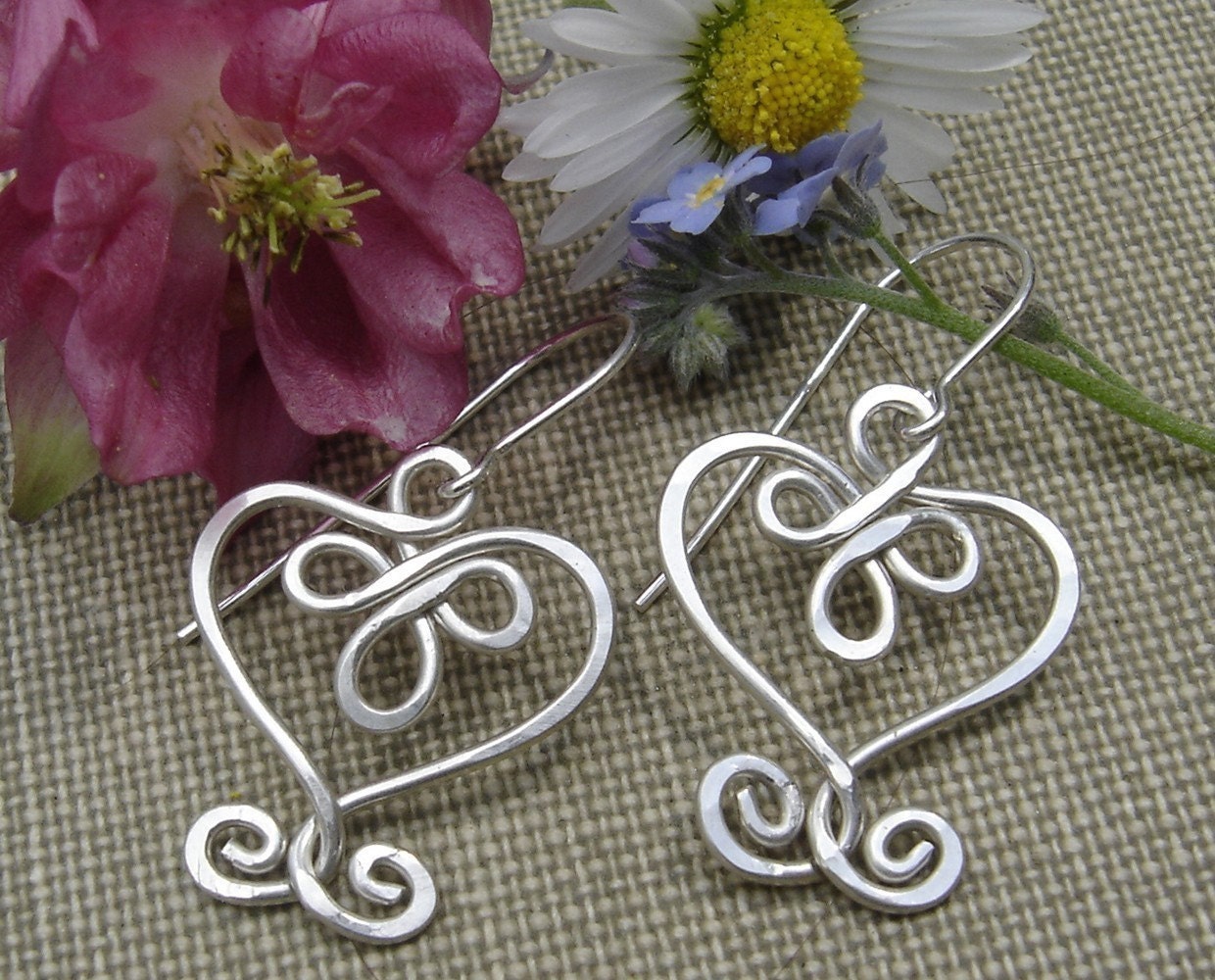 Celtic Hearts and Swirls Sterling Silver Earrings - Heart Earrings - Dangle Earrings - Celtic Jewelry - Wire