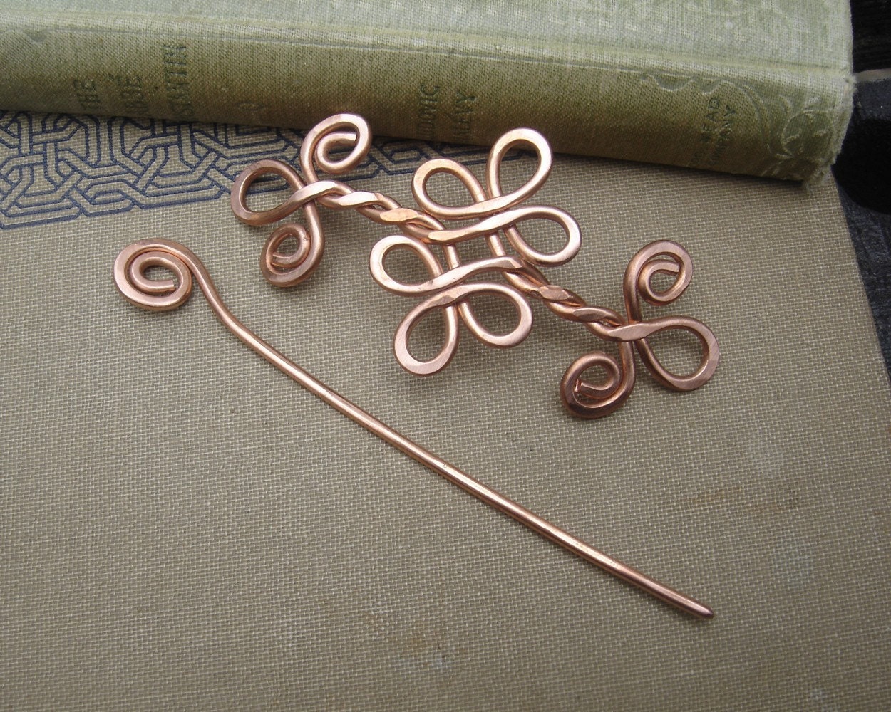 Celtic Knot Double Swirls and Curls Copper Shawl Pin, Hair Pin, Scarf Pin, Sweater Brooch, Barrette, Hair Clip - Hair Accessory