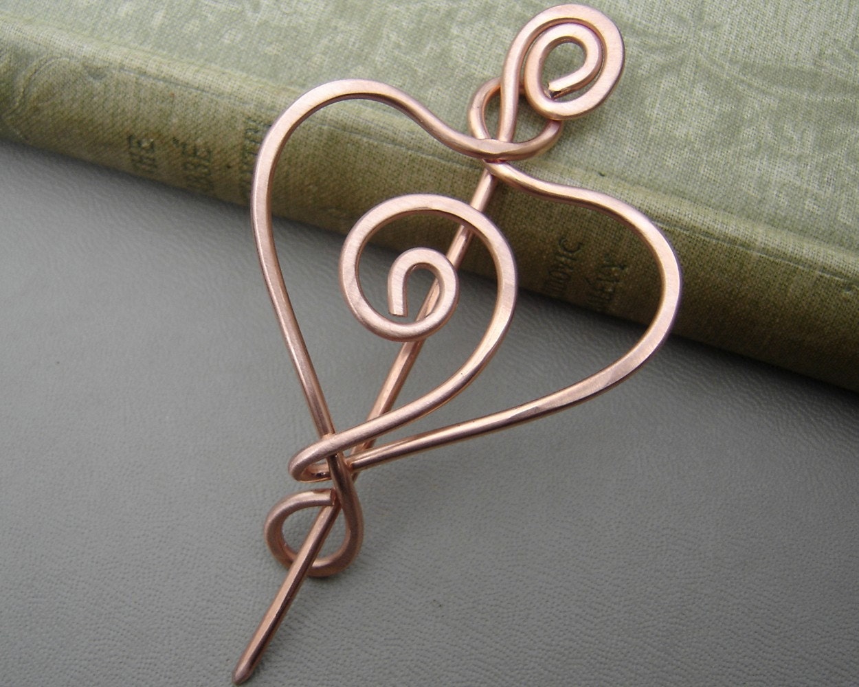 Spiral Love Heart Copper Shawl Pin / Scarf Pin / Sweater Fastener /Shrug Closure / Brooch- Heart Pin